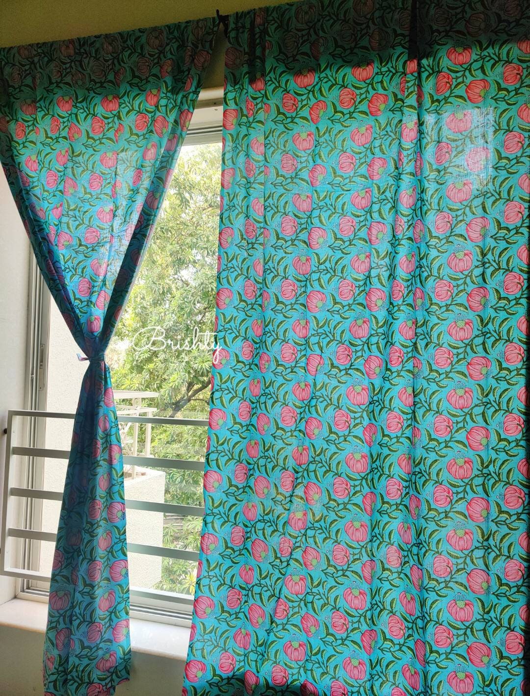 Turquoise pink floral curtains