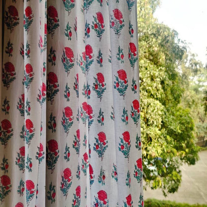 Floral bubblegum pink block printed sheer curtains