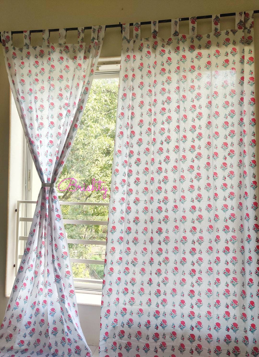 Floral bubblegum pink block printed sheer curtains