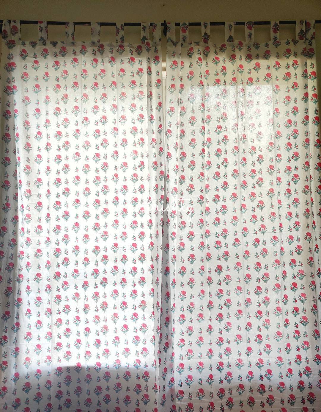 Floral bubblegum pink block printed sheer curtains