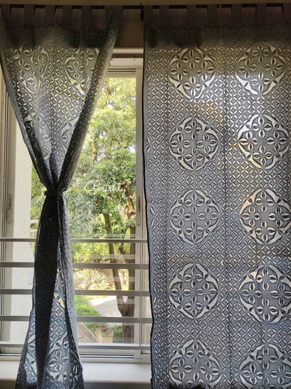 Grey applique sheer curtains