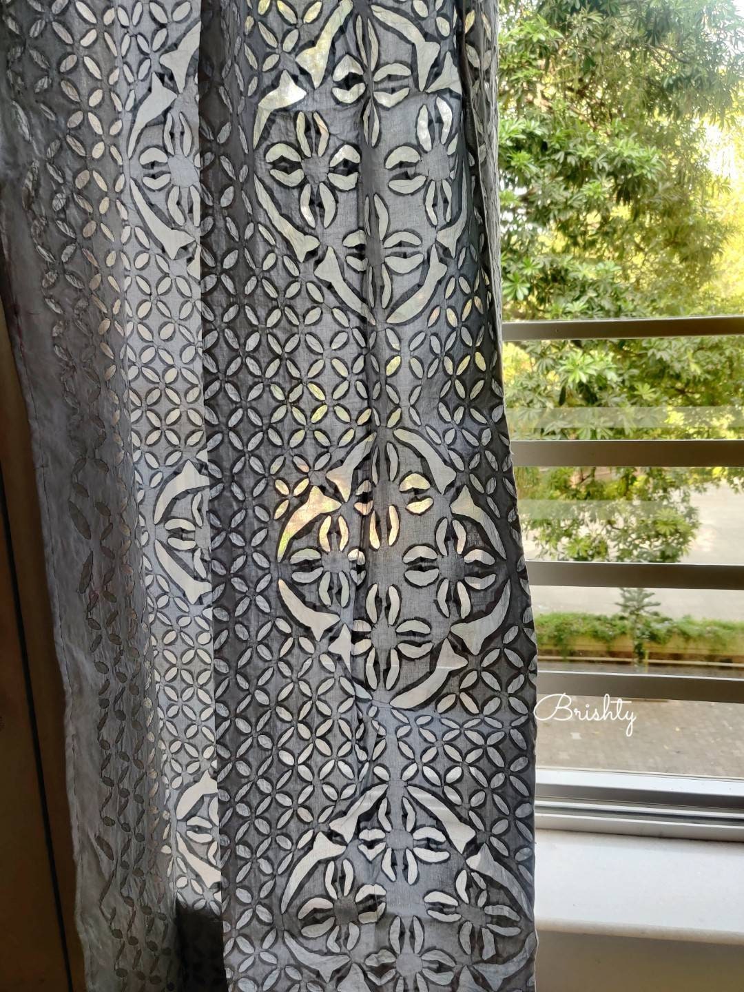 Grey applique sheer curtains