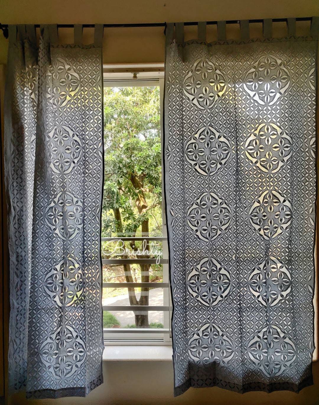 Grey applique sheer curtains