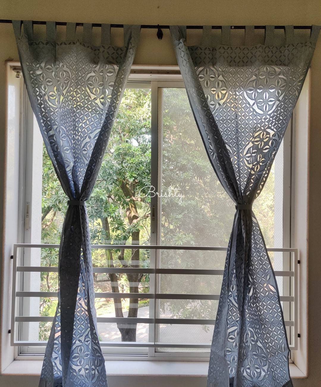 Grey applique sheer curtains