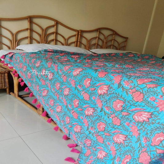 Block printed floral lightweight kantha throw bedcover with tassels