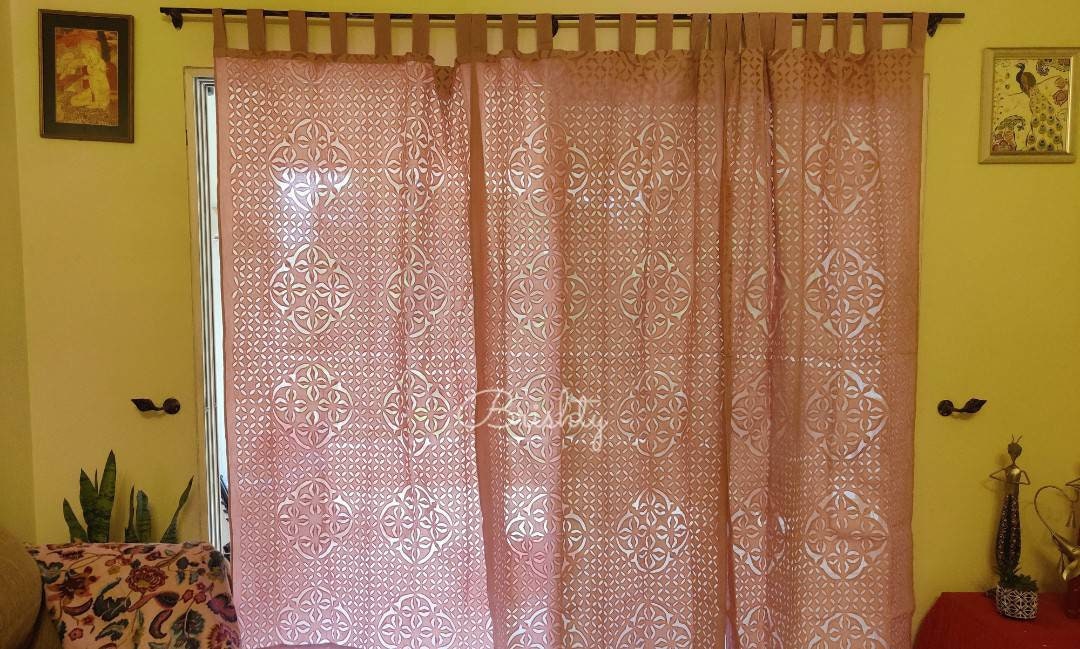 Pastel pink applique sheer curtain