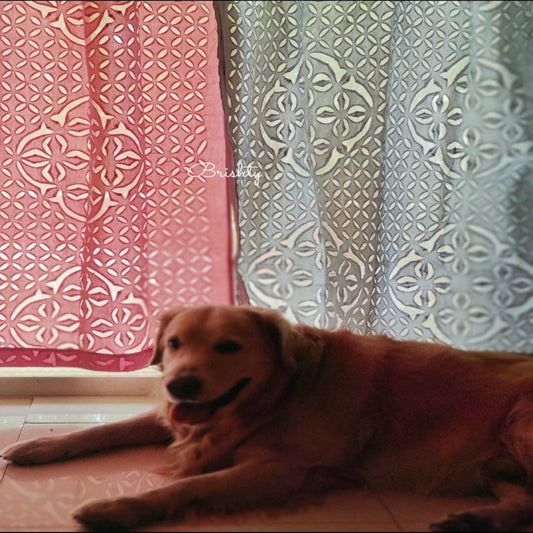 Blush pink and gray applique sheer curtains