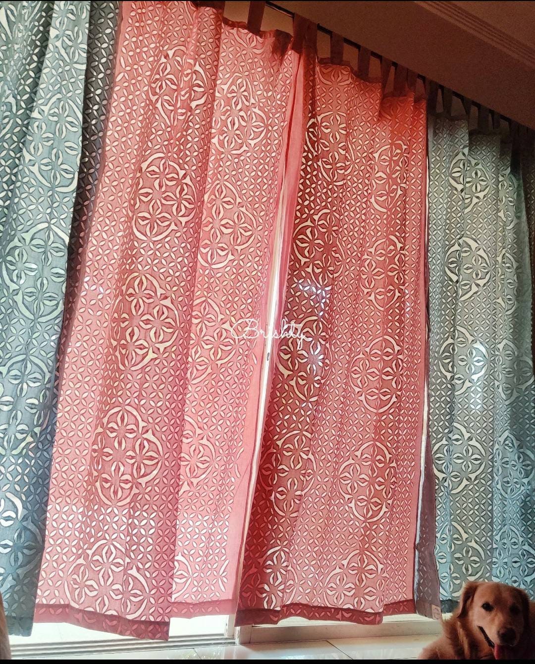 Blush pink and gray applique sheer curtains