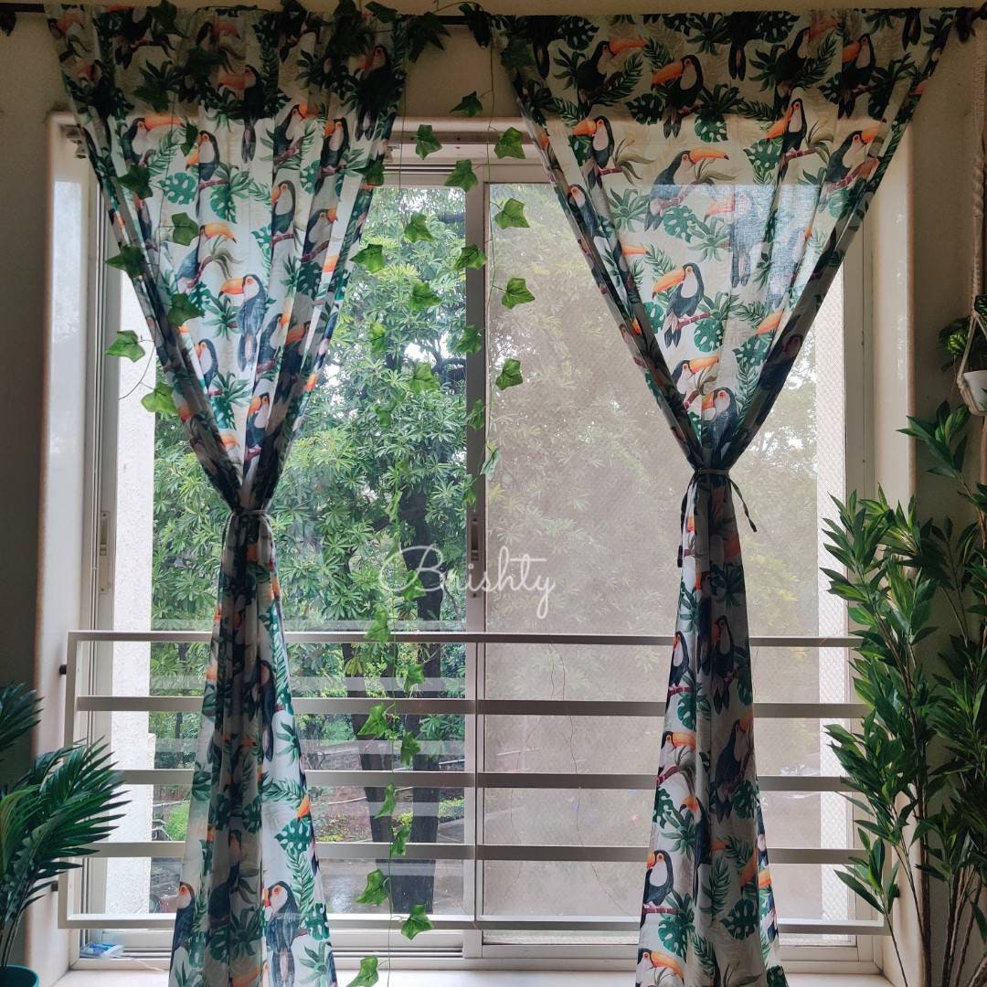 Tropical toucan monstera boho curtains