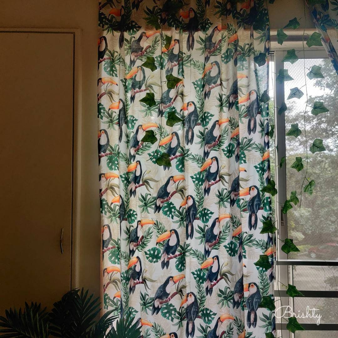 Tropical toucan monstera boho curtains