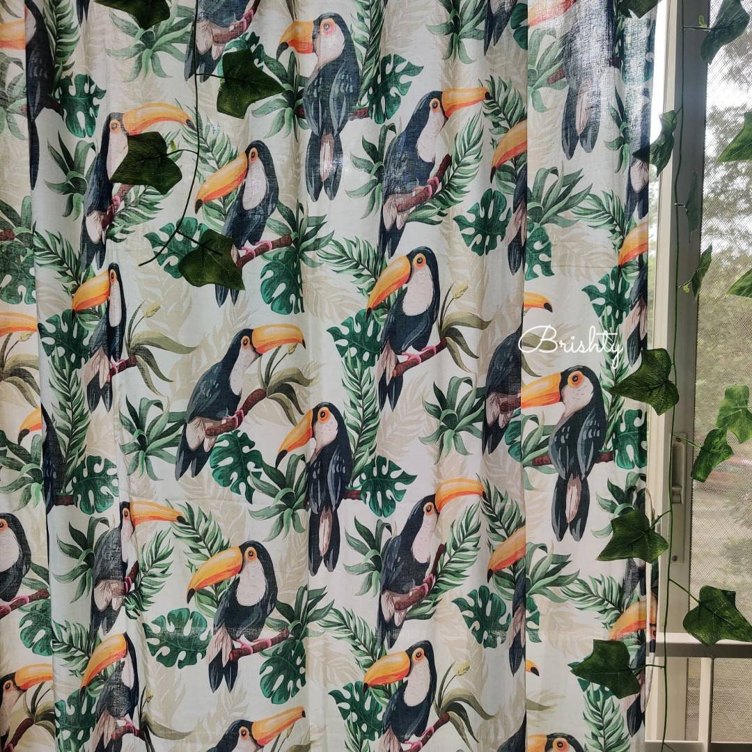 Tropical toucan monstera boho curtains