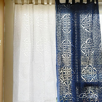 Dark blue and white applique curtains