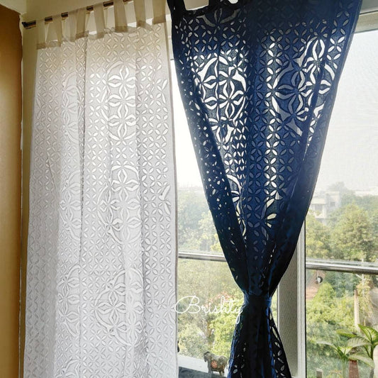 Dark blue and white applique curtains