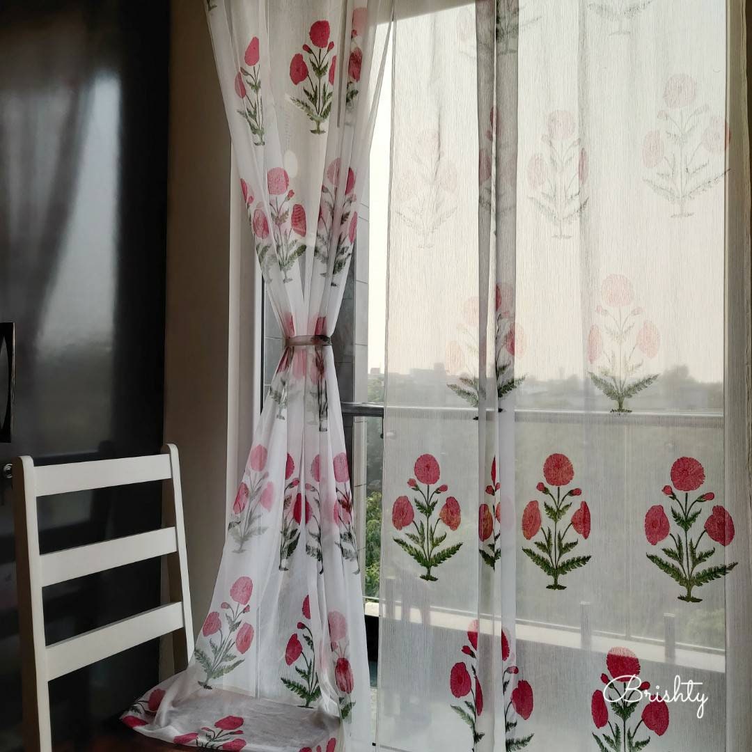 Marigold block printed  sheer georgette curtains