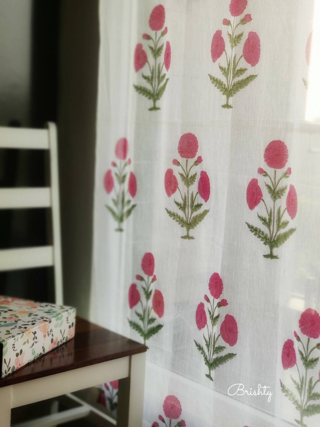 Marigold block printed  sheer georgette curtains