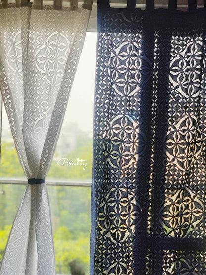 Dark blue and white applique curtains