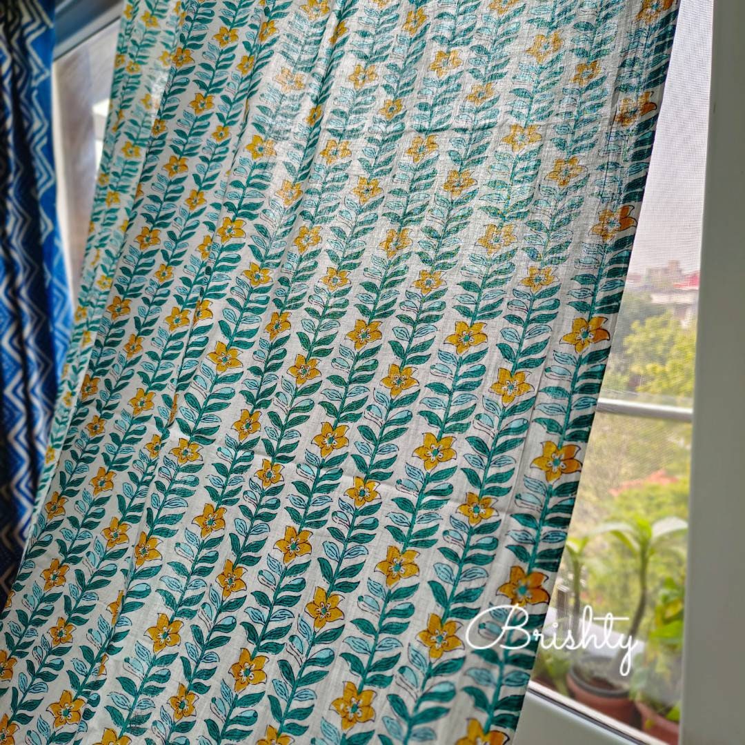 Teal yellow floral trail curtains