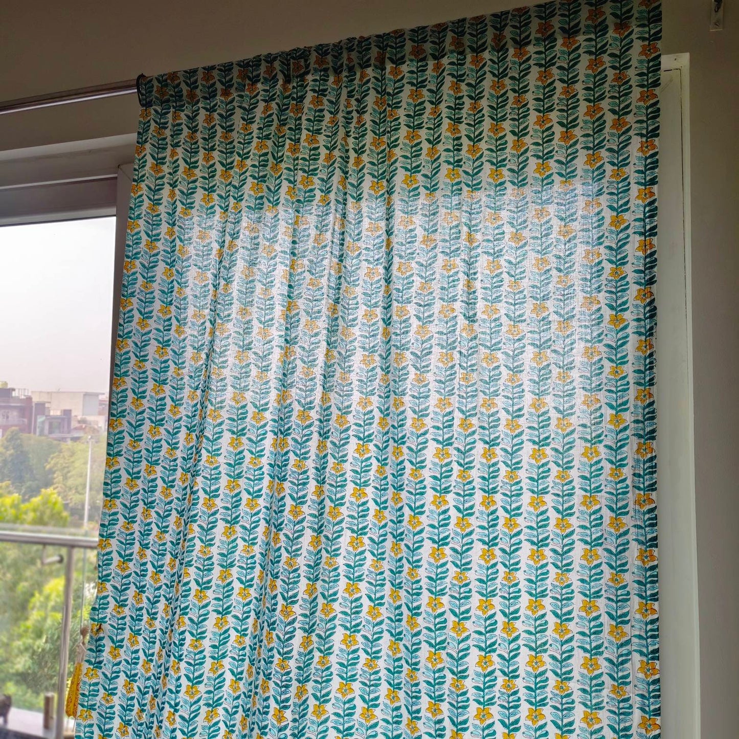 Teal yellow floral trail curtains